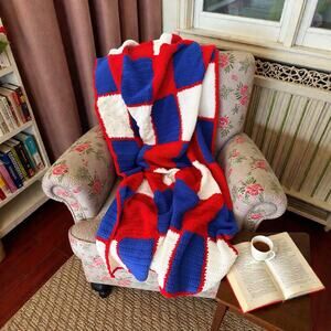 Crocheted blanket patchwork block design 80” X 50” In Blue, Red and White, Heavy